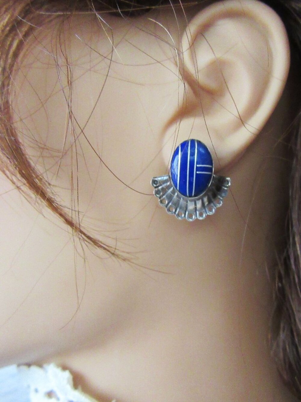 Sterling silver & lapis lazuli art deco pierced stud earrings vintage 1930s-50s